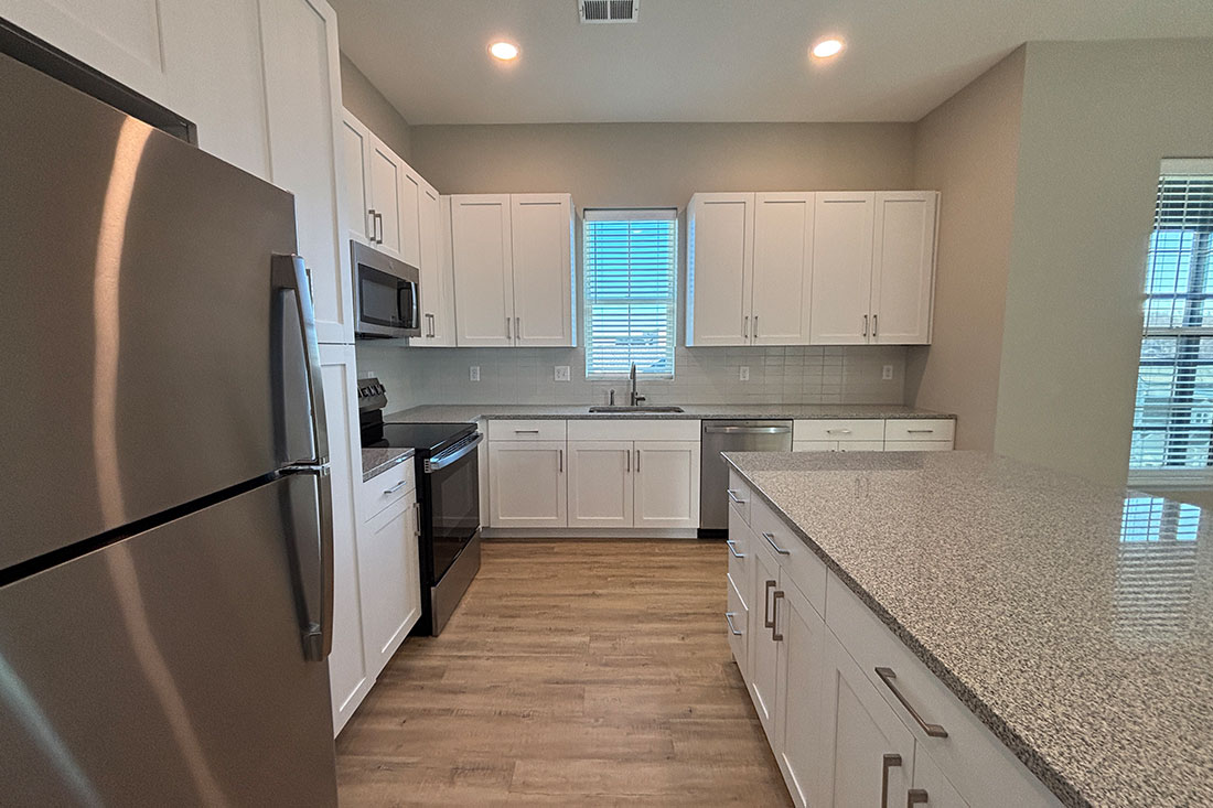 Designer kitchen at Mission Flats Apartments in Mission, Kansas