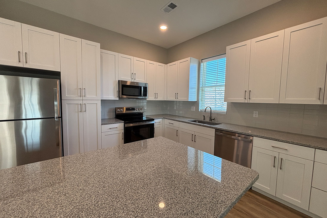 Designer kitchen at Mission Flats Apartments in Mission, Kansas
