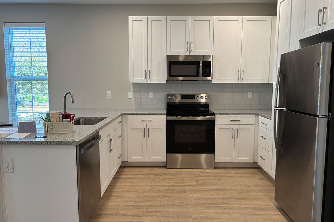 Designer kitchen at Mission Flats Apartments in Mission, Kansas